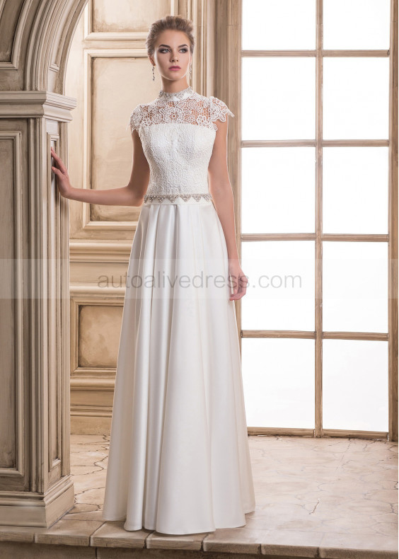 High Neck Lace Satin Wedding Dress Popular Bridal Dress